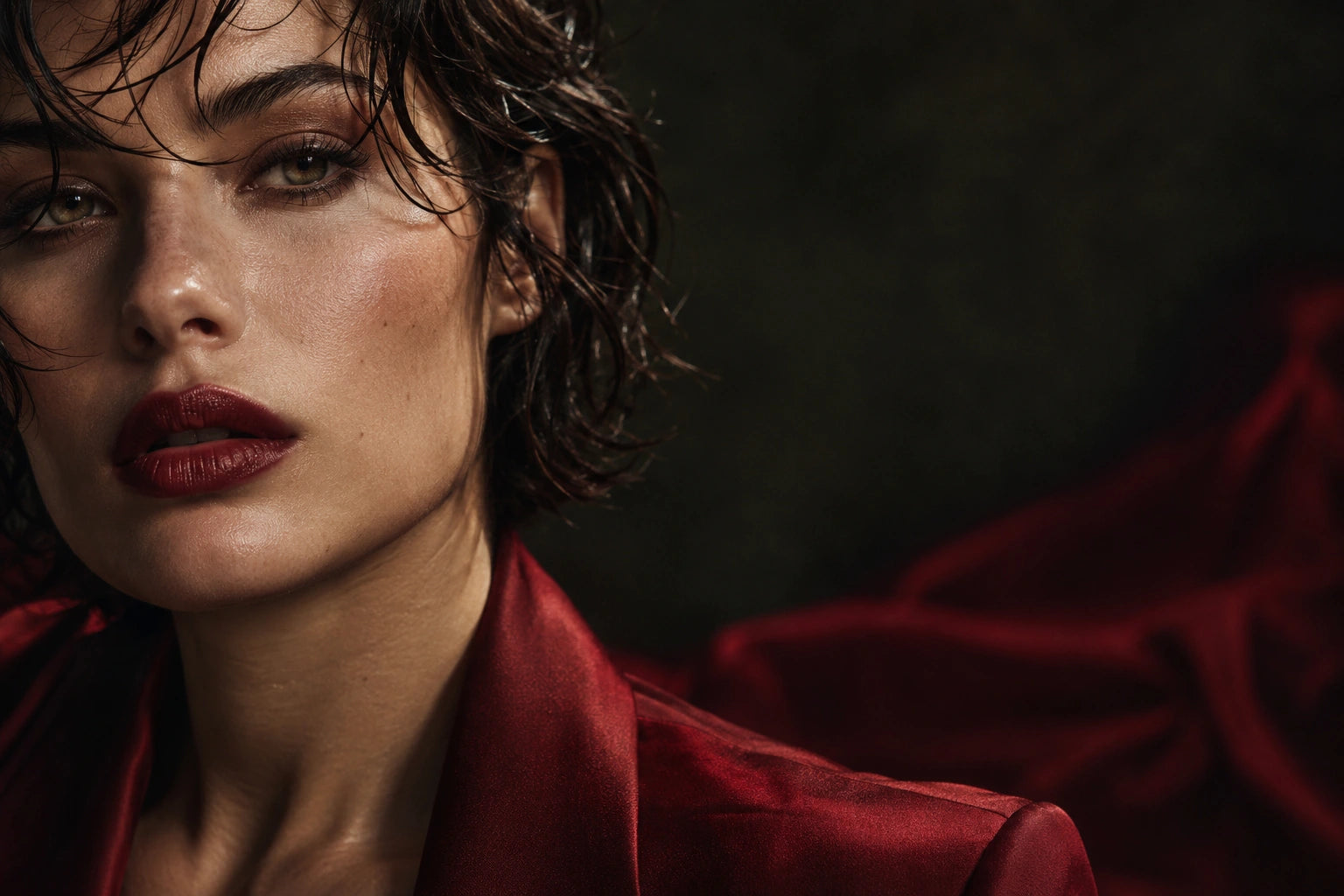 Editorial portrait with dark wet hair and a crimson jacket