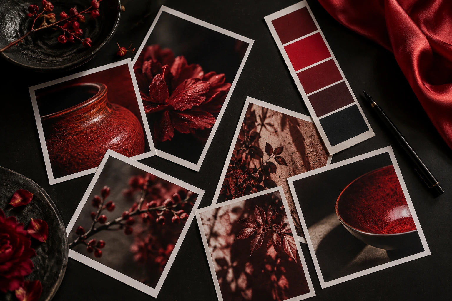 Physical photo prints and colour samples on a dark editing table